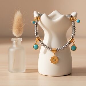 18K Gold Plated Stainless Steel Two Tone Turquoise Floral Charm Beaded Bracelet